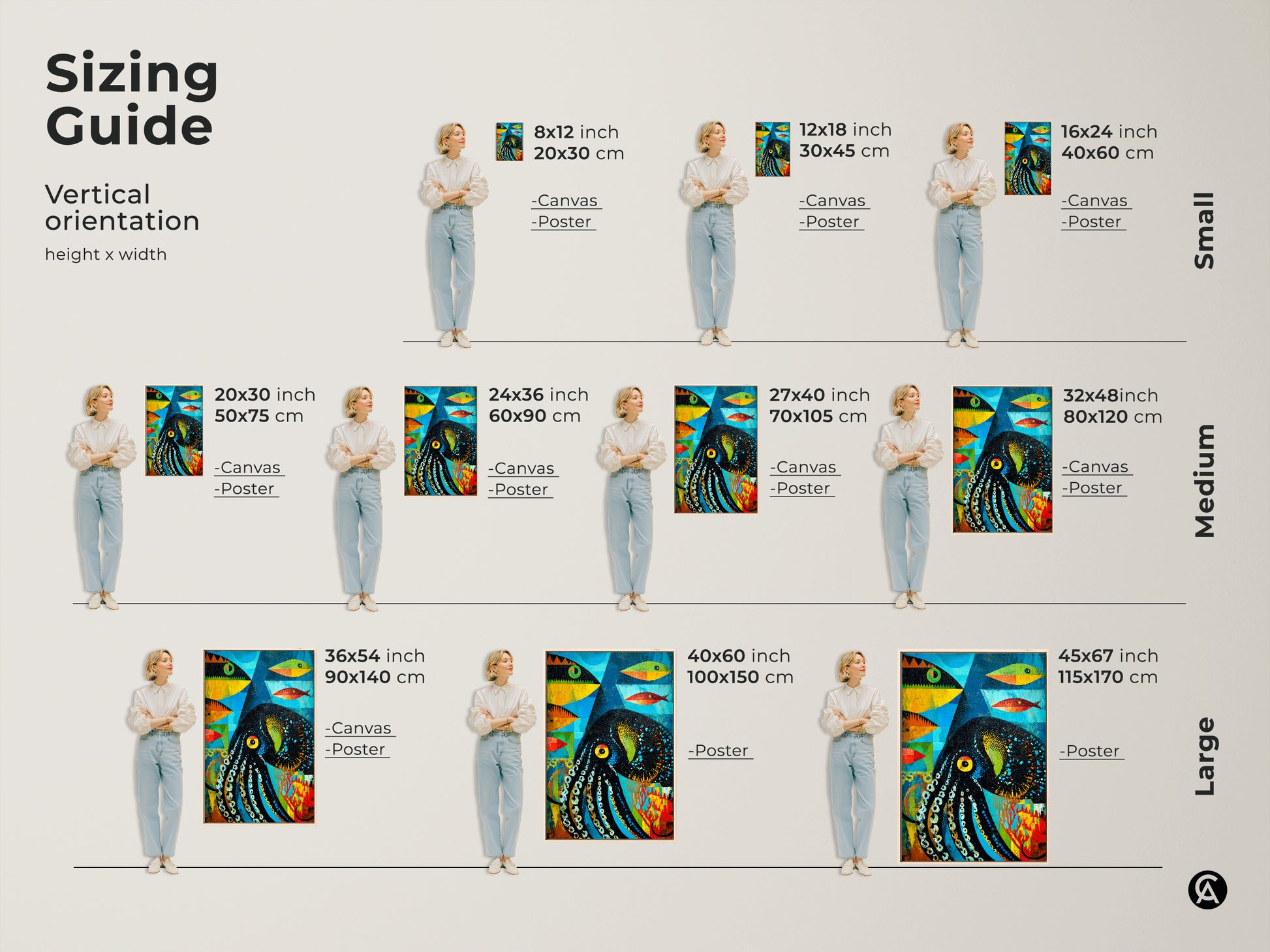 Sizing guide for the abstract octopus and fish canvas art print. The vertical orientation shows sizes from small to large. Visualize how this teal orange and blue eclectic ocean theme looks in different dimensions. Find the ideal fit for your wall.