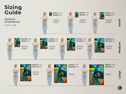 Sizing guide for the abstract octopus and fish canvas art print. The vertical orientation shows sizes from small to large. Visualize how this teal orange and blue eclectic ocean theme looks in different dimensions. Find the ideal fit for your wall.