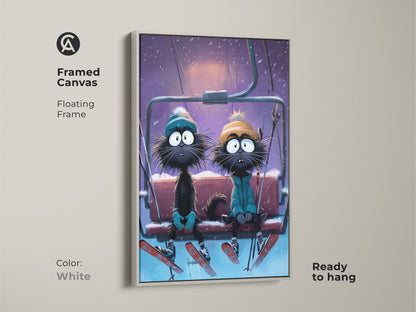 This framed canvas showcases a funny cat ski lift art. Ready to hang the winter cat couple art print is ideal for cat lovers. The white floating frame complements the eclectic home decor art. The cartoon animal wall hanging brings joy to any room. It is a whimsical illustration.