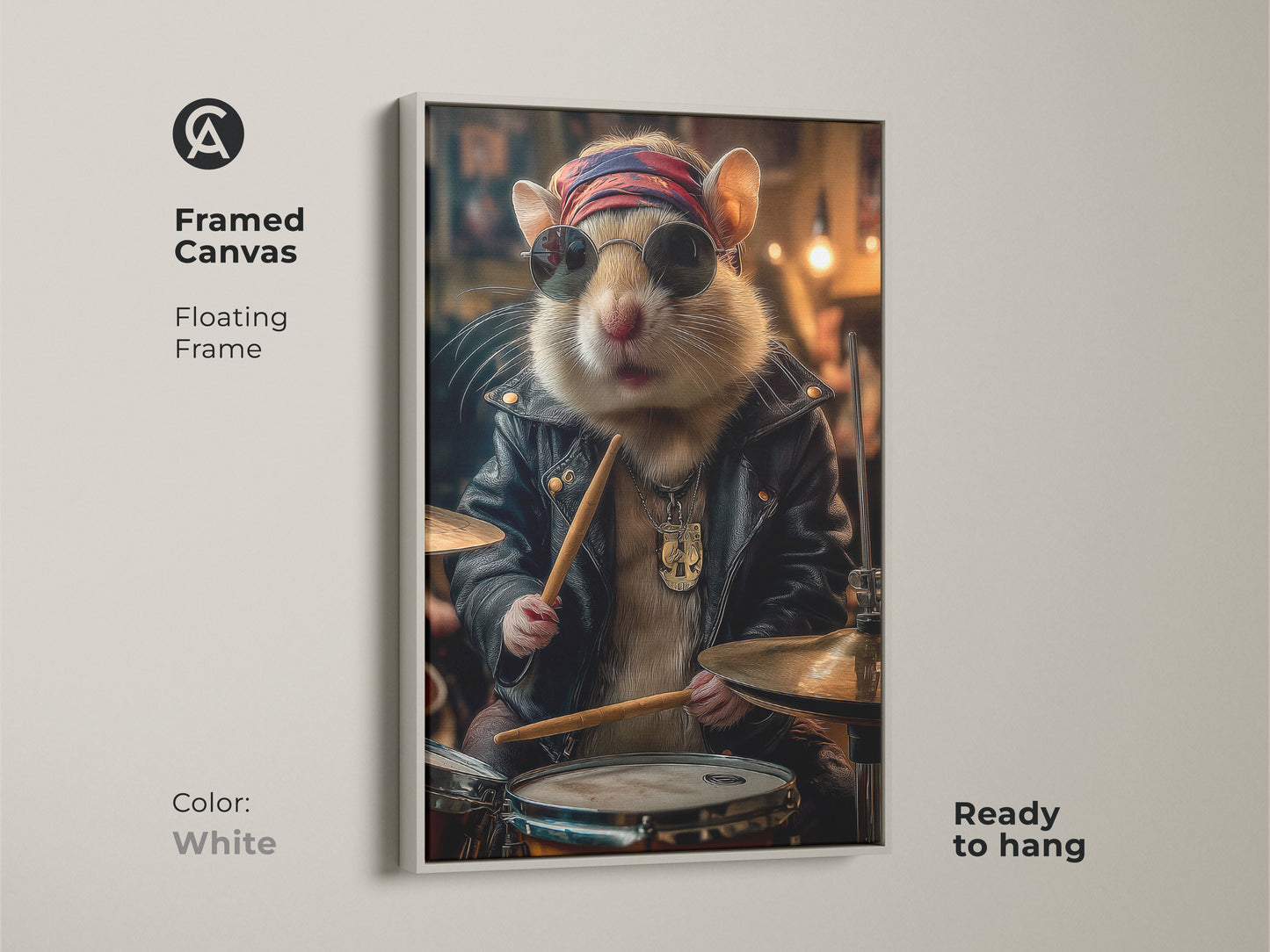 Framed canvas displaying the rockabilly hamster drummer artwork set in a white floating frame. This cool drummer poster is ready to hang. A perfect funny drummer gift for him. The eclectic animal band print adds a retro touch. It can be a unique pet portrait canvas.