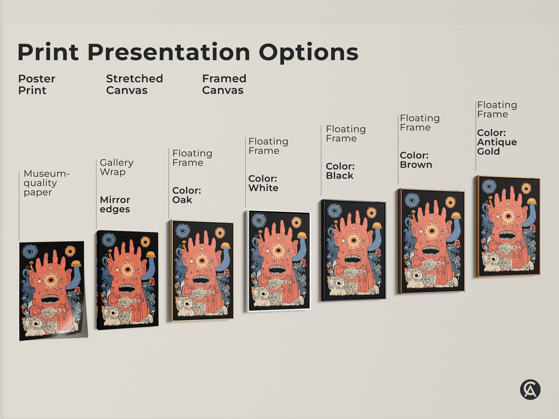 Print presentation options for abstract creature wall art. Choose from poster prints stretched canvas or framed canvas. This orange blue surreal print is perfect for whimsical playroom decor. It will be a unique gift for art lovers.