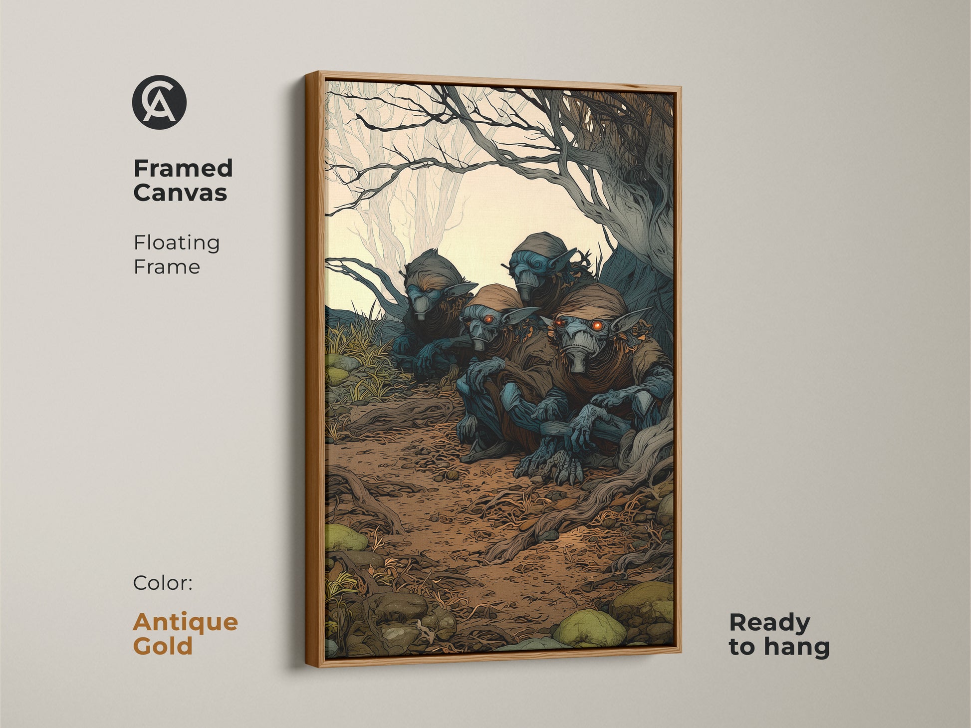 Framed canvas art featuring goblins in their forest habitat. Antique gold frame enhances the blue and brown artwork. This goblincore aesthetic wall art is ready to hang. Perfect Halloween gift for fantasy lovers.