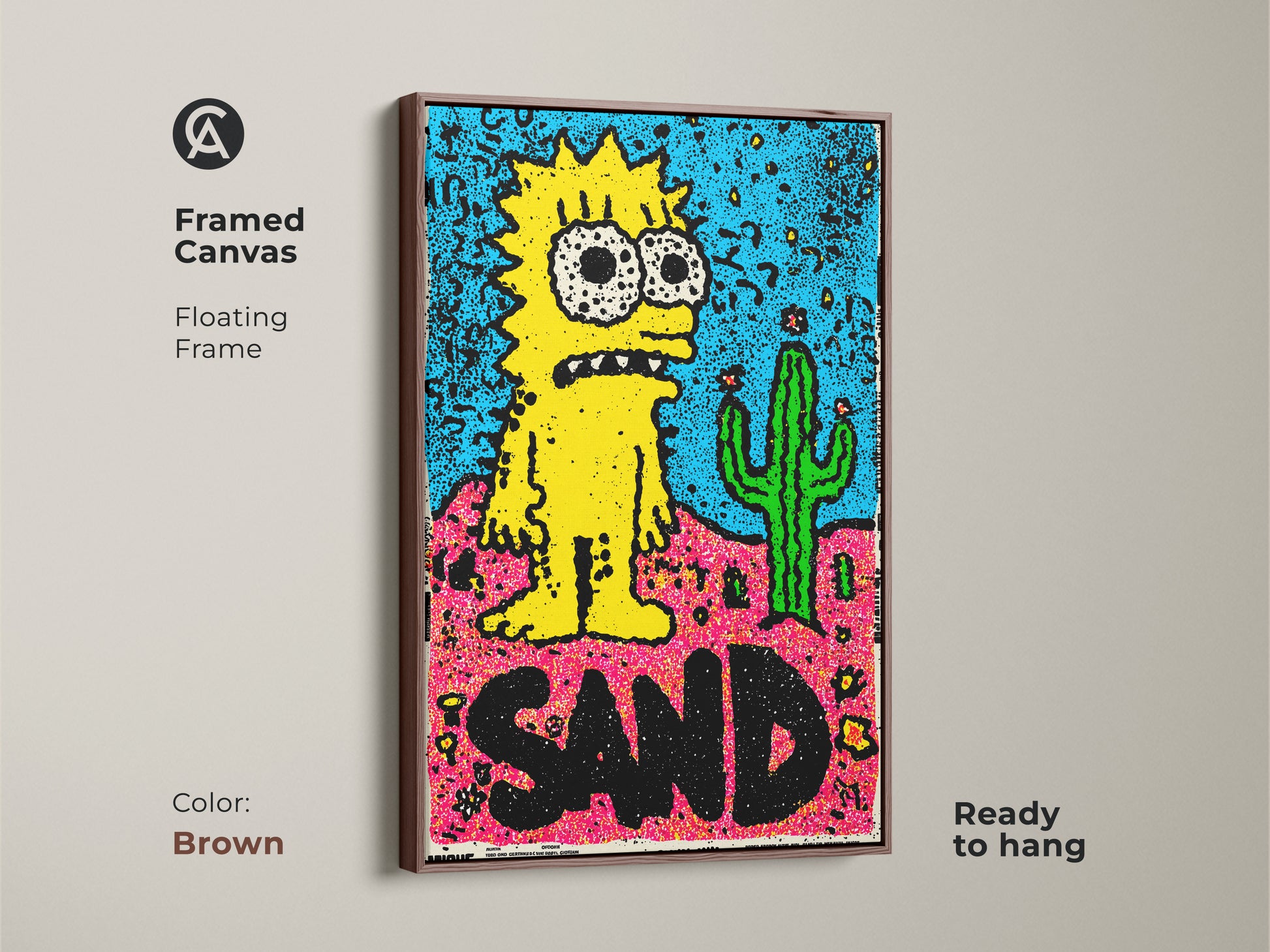 Brown Framed Canvas Simpsons Inspired Art. The floating frame highlights the art of a yellow cartoon character and cactus. This framed canvas is ready to hang bringing warmth to your space.