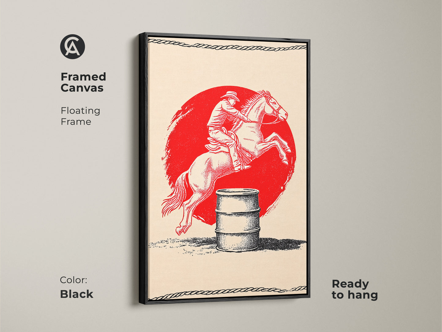 A framed canvas features a red cowboy barrel racing art print. This black frame enhances the vintage rustic style. It's a great piece of western wall decor ready to hang. Perfect for adding a touch of the Wild West to your den or living room.