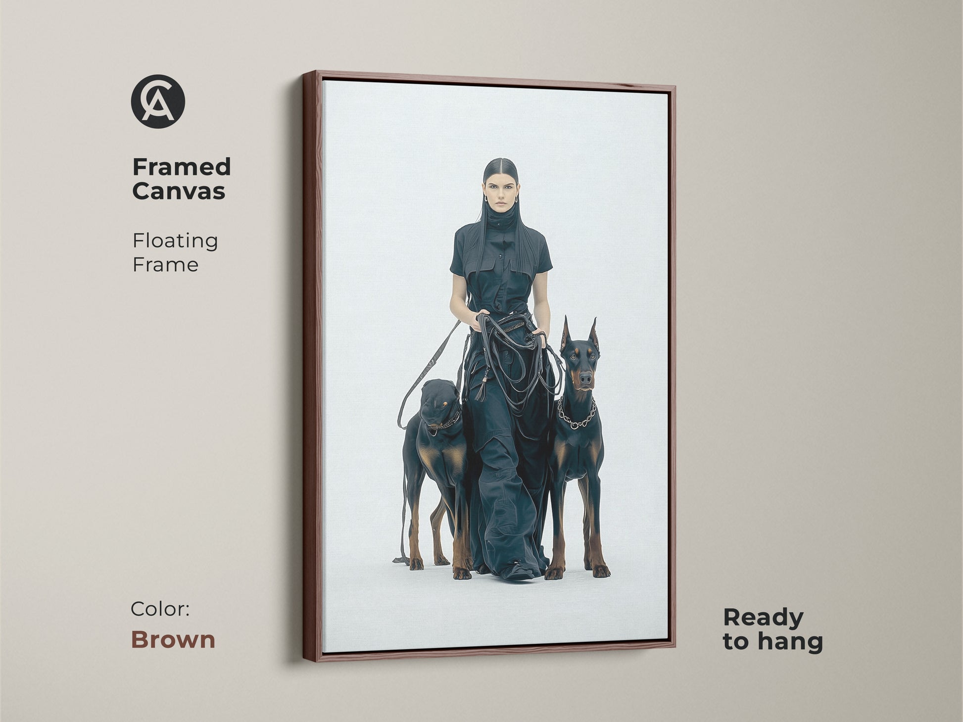 Framed canvas print of a woman and Dobermans with a brown floating frame. Ready to hang. This monochrome minimalist art suits contemporary spaces. A unique gift for dog enthusiasts. Fashion-inspired wall decor.