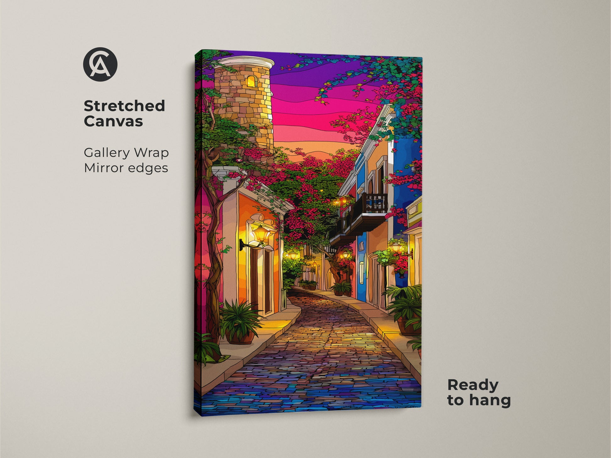 Stretched canvas artwork of a charming cobblestone street cityscape. Gallery wrapped with mirror edges showcasing a purple blue pink sunset. A unique eclectic travel lover gift. Colorful European street artwork for your home. It's ready to hang.