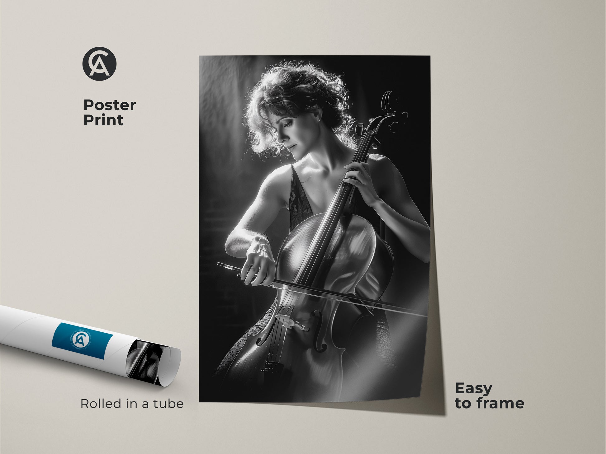 Poster print of a monochrome cello player. The black and white cello artwork is easy to frame. This fine art photography music piece is rolled in a tube for safe shipping.