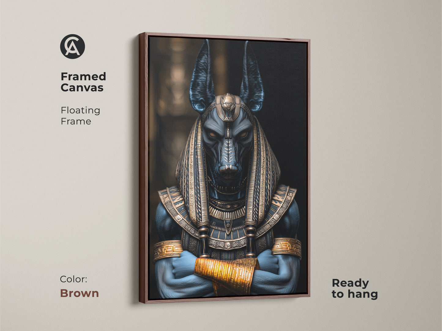 Brown framed canvas print of Anubis the Egyptian Jackal God. Floating frame. Ready to hang. Dark fantasy artwork with a deep blue and gold color scheme. Unique mythology gift for those who love ancient Egypt deities. Perfect shelf decor for study rooms.