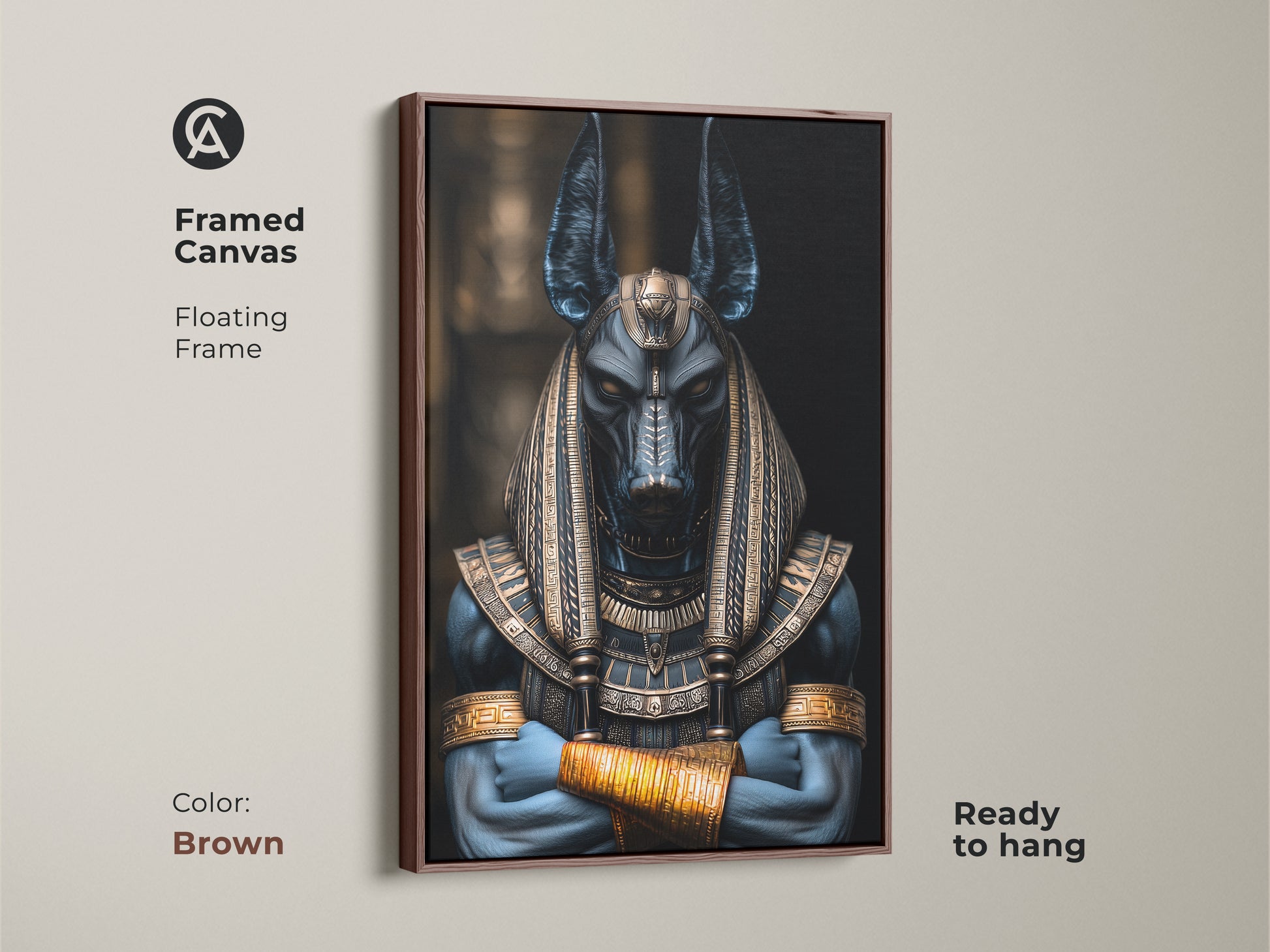 Brown framed canvas print of Anubis the Egyptian Jackal God. Floating frame. Ready to hang. Dark fantasy artwork with a deep blue and gold color scheme. Unique mythology gift for those who love ancient Egypt deities. Perfect shelf decor for study rooms.