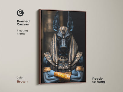 Brown framed canvas print of Anubis the Egyptian Jackal God. Floating frame. Ready to hang. Dark fantasy artwork with a deep blue and gold color scheme. Unique mythology gift for those who love ancient Egypt deities. Perfect shelf decor for study rooms.