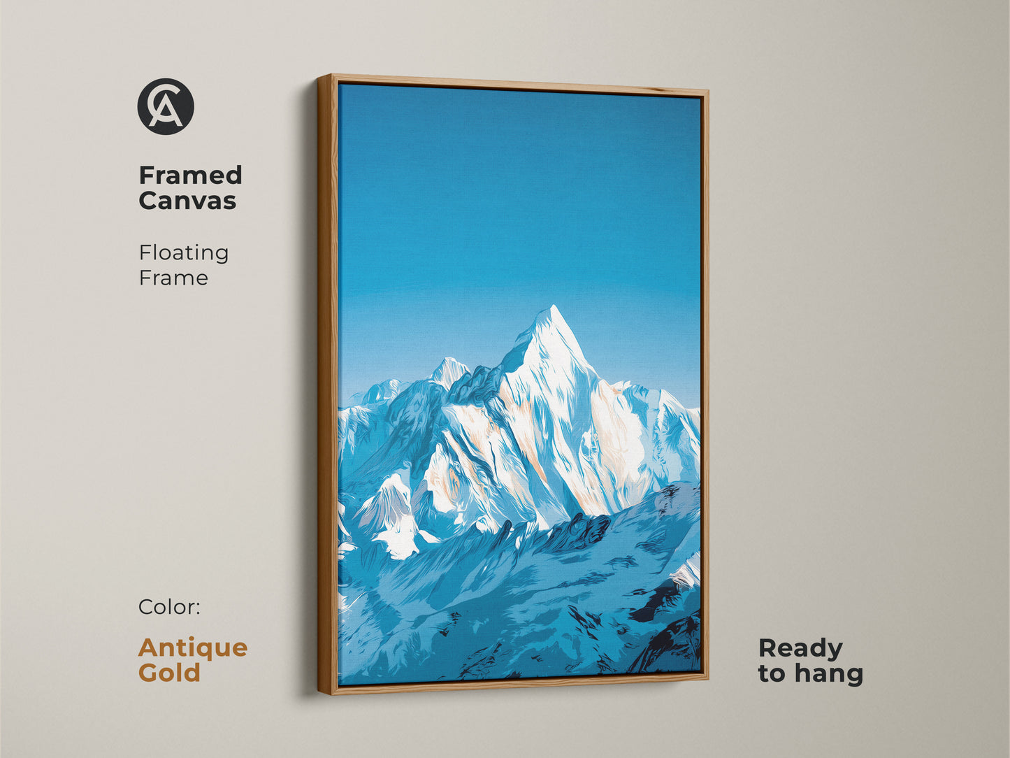 Antique Gold framed canvas featuring snowy mountain art is displayed. This deep blue landscape print is a modern stylized artwork. The nature scene art print is ready to hang. This blue sky mountain art is perfect for any room.