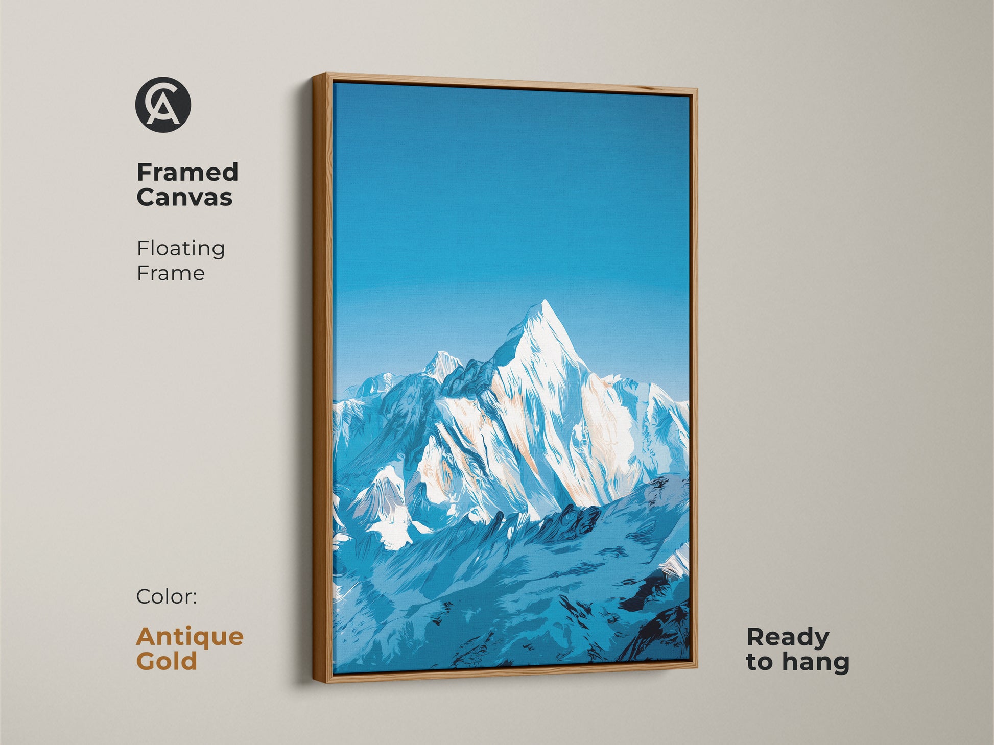 Antique Gold framed canvas featuring snowy mountain art is displayed. This deep blue landscape print is a modern stylized artwork. The nature scene art print is ready to hang. This blue sky mountain art is perfect for any room.
