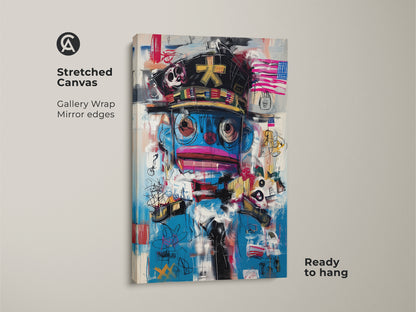 Stretched canvas art print showcasing a graffiti character. This abstract pop culture artwork features a gallery wrap with mirrored edges. Ready to hang this eclectic office wall decor enhances any space. Its blue and red abstract artwork is a must-have for art enthusiasts.