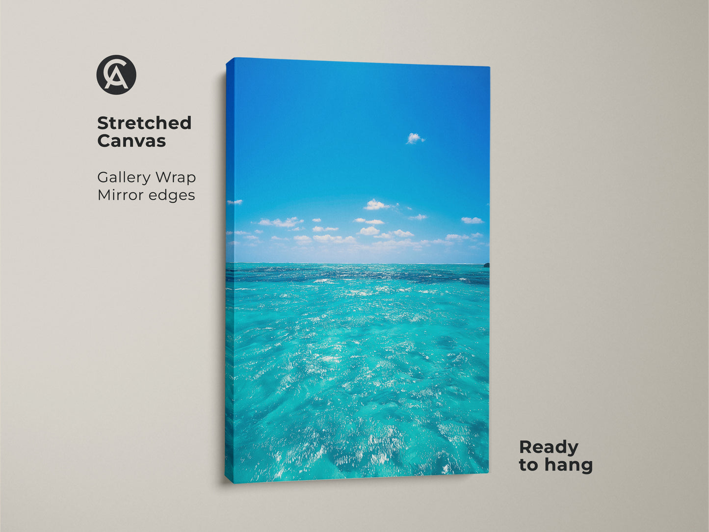 Stretched canvas print of turquoise ocean waves with a clear blue sky. Gallery wrap with mirror edges and ready to hang. Perfect coastal beach house wall art and nautical bedroom decor for beach lovers.