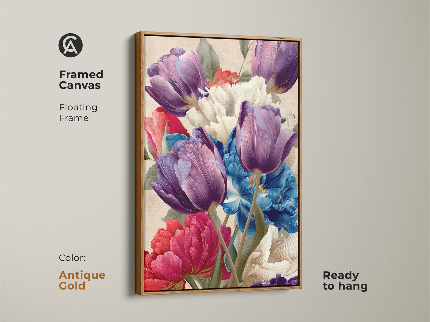 Framed canvas with a floating antique gold frame featuring purple tulips and blue peonies. This elegant botanical artwork serves as a unique housewarming gift. The vibrant flower art print adds a touch of luxury to your home decor with purple and blue hues.