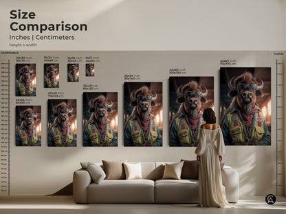 A size comparison showcase of the Tan Teal Wildlife Print. The cool sunglasses buffalo canvas is next to a sofa and person to help visualize the scale of this artwork. The animal art print transforms any living room with its unique presence.