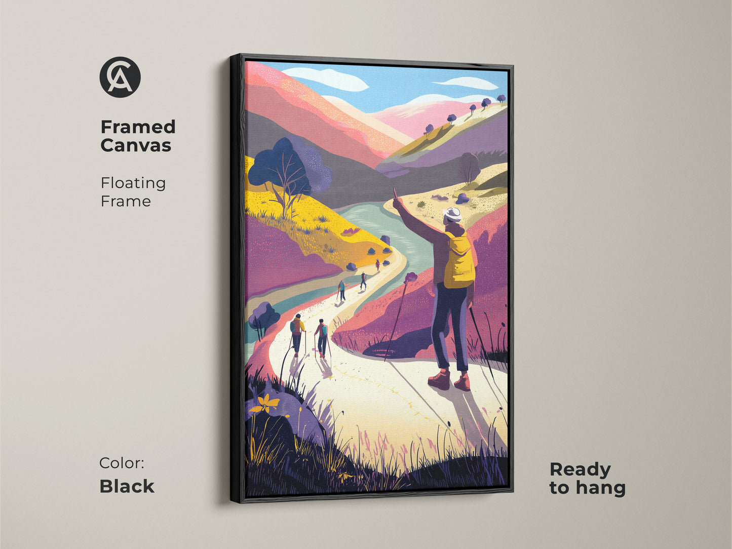 Framed canvas of a modern folk art print with a black floating frame. The artwork shows a mountain landscape wall art. Boho style with hikers in yellow and purple. Adventure travel decor is ready to hang. This colorful scenic art enhances any space.