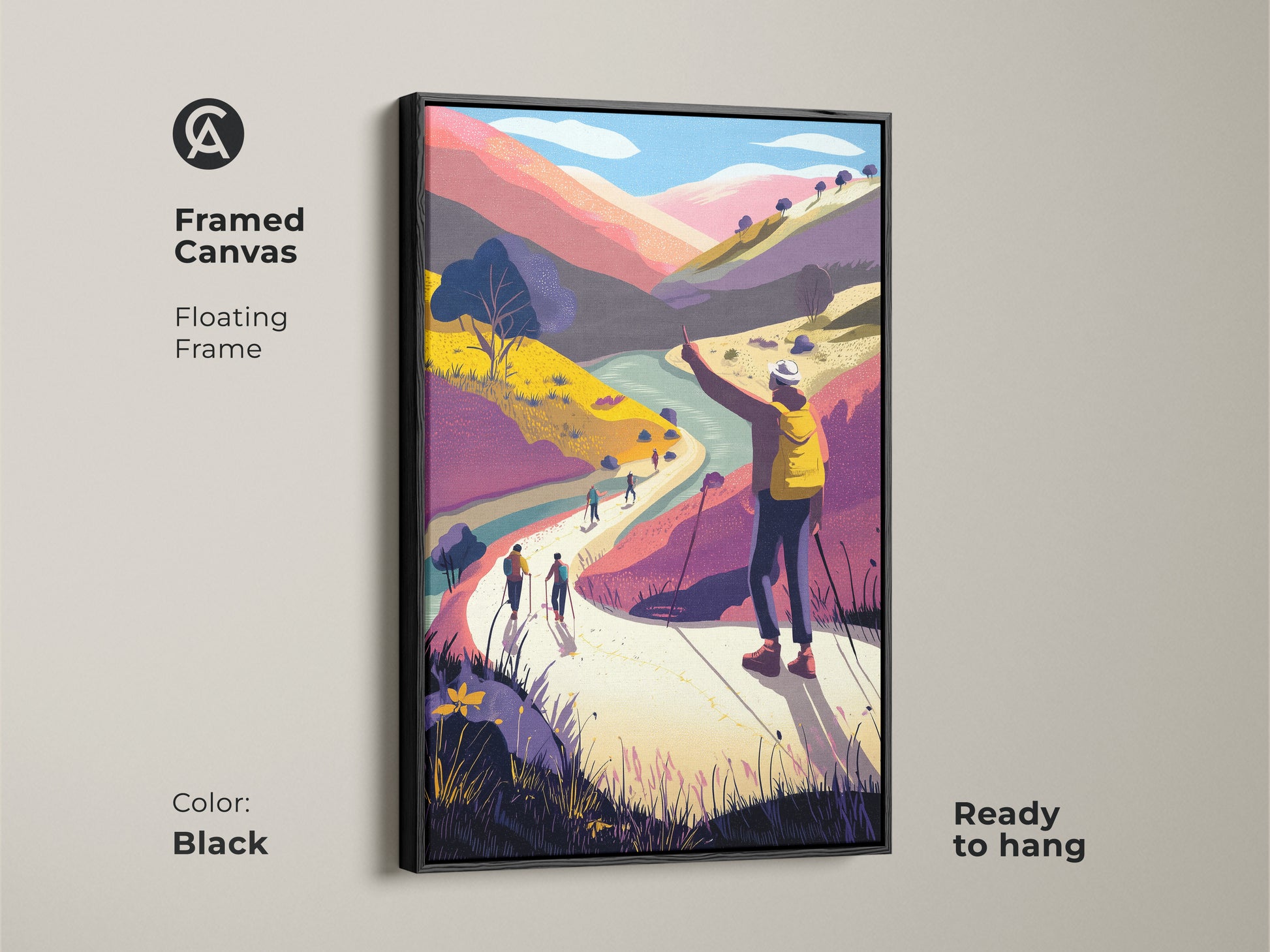 Framed canvas of a modern folk art print with a black floating frame. The artwork shows a mountain landscape wall art. Boho style with hikers in yellow and purple. Adventure travel decor is ready to hang. This colorful scenic art enhances any space.