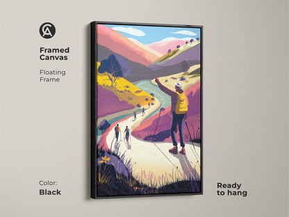 Framed canvas of a modern folk art print with a black floating frame. The artwork shows a mountain landscape wall art. Boho style with hikers in yellow and purple. Adventure travel decor is ready to hang. This colorful scenic art enhances any space.