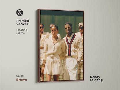 A framed canvas with a brown floating frame. The artwork features a group in tennis attire ready to hang. A stylish couple stands out in sunglasses and preppy sweaters. It has a sophisticated sporty vibe.