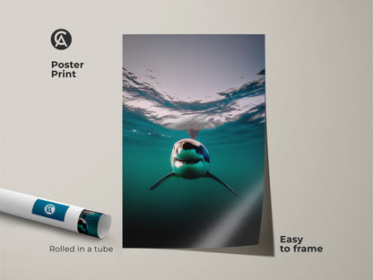 Elevate your space with this great white shark poster print. Rolled in a tube this underwater ocean wall art is easy to frame. The deep blue and teal tones create a contemporary aesthetic. This animal photography print is ideal for ocean life wall decor. Get yours today