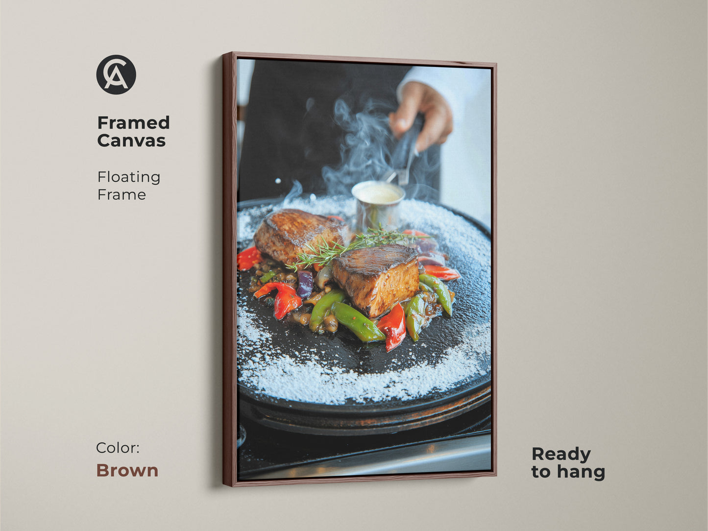 Brown Framed Canvas of Gourmet Filet Mignon. This ready-to-hang artwork offers a sophisticated touch to restaurant interiors. The contemporary style and rich colors make it an appetizing focal point. Floating frame enhances the visual appeal.