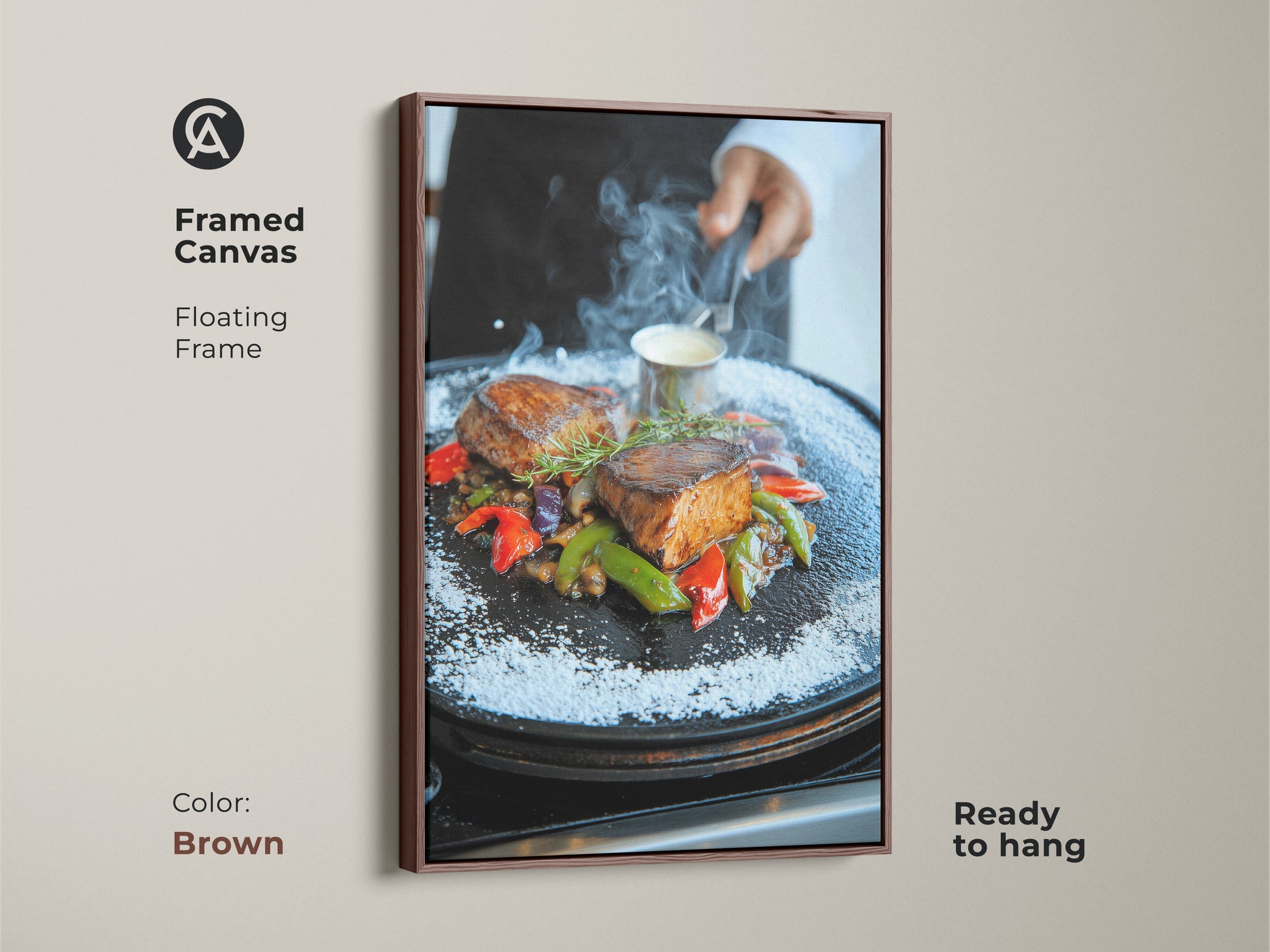 Brown Framed Canvas of Gourmet Filet Mignon. This ready-to-hang artwork offers a sophisticated touch to restaurant interiors. The contemporary style and rich colors make it an appetizing focal point. Floating frame enhances the visual appeal.