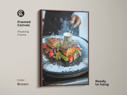 Brown Framed Canvas of Gourmet Filet Mignon. This ready-to-hang artwork offers a sophisticated touch to restaurant interiors. The contemporary style and rich colors make it an appetizing focal point. Floating frame enhances the visual appeal.