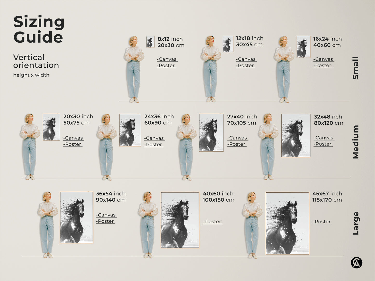 Sizing guide for abstract horse art canvas and poster prints. Visualize artwork sizes with a model for perfect fit. Find the ideal dimensions for your space. Enhance your home with equine art.