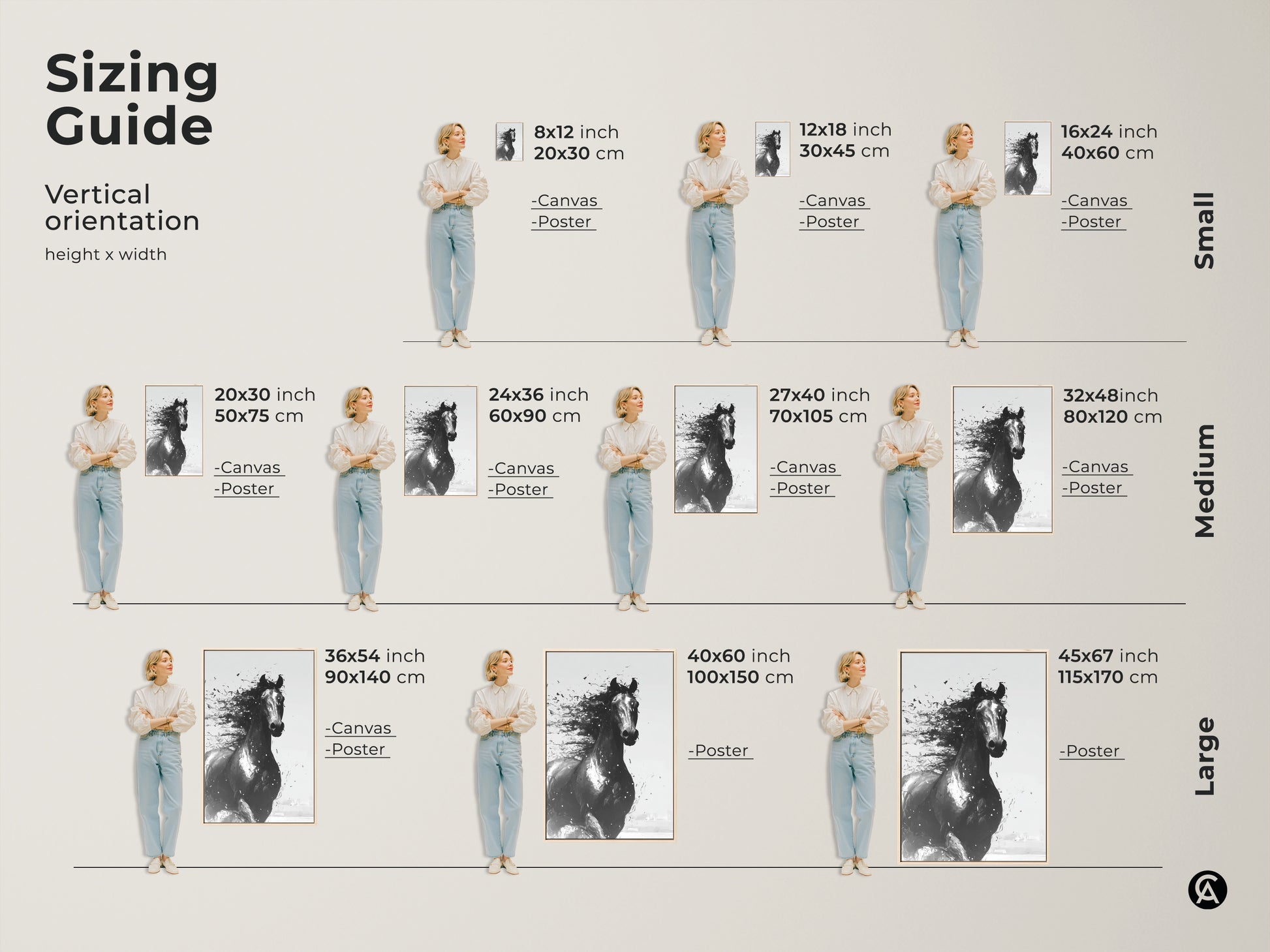 Sizing guide for abstract horse art canvas and poster prints. Visualize artwork sizes with a model for perfect fit. Find the ideal dimensions for your space. Enhance your home with equine art.