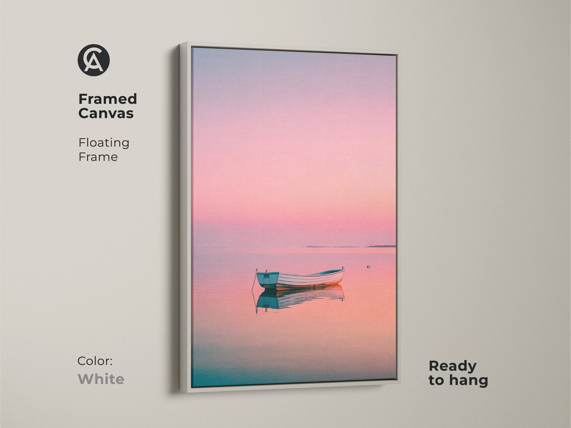 Framed canvas print of a boat at sunset. The floating frame is white. The artwork is ready to hang. Pastel colors offer a peaceful ambiance. Shop framed art prints to beautify your living space.