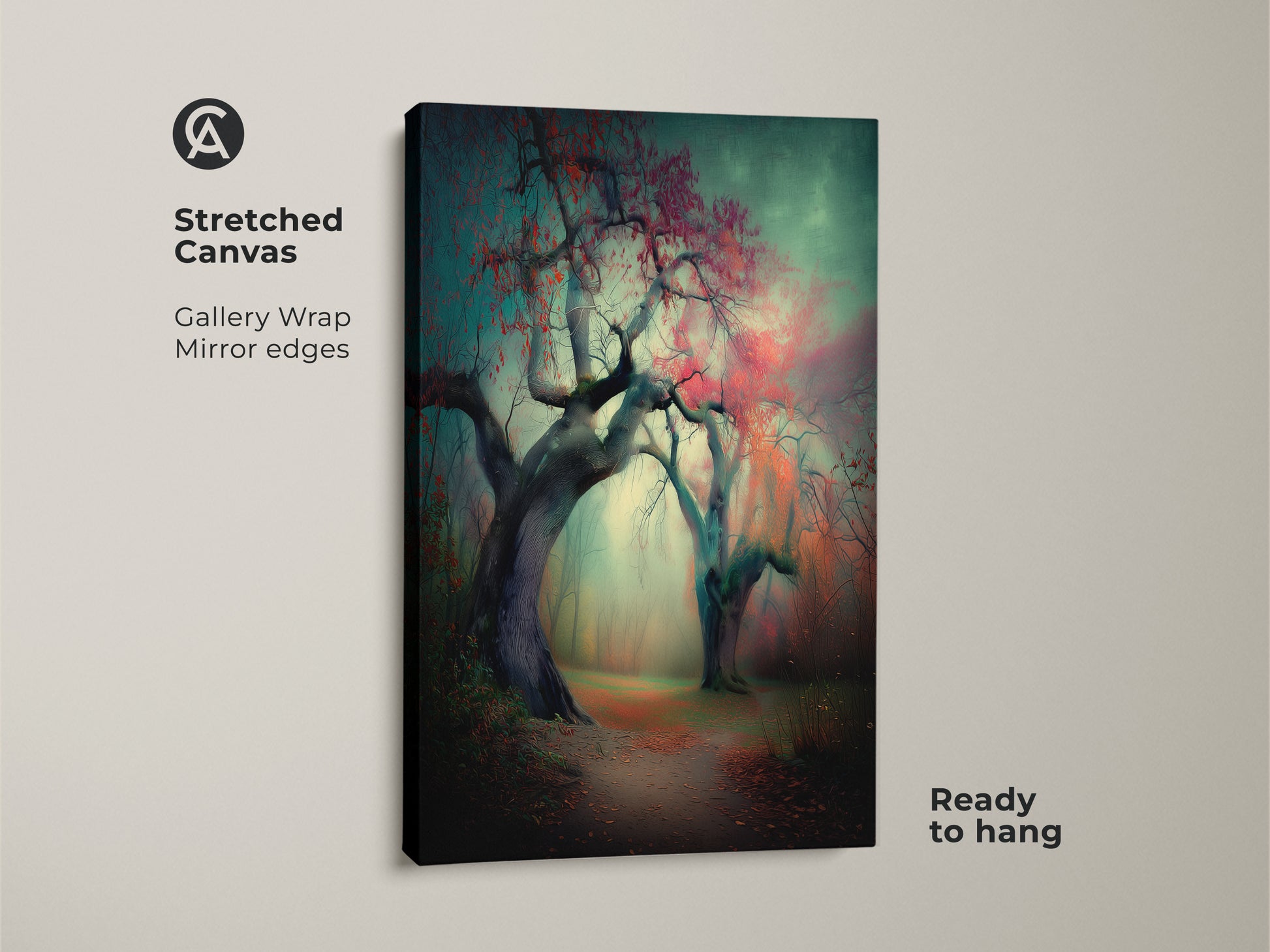 Stretched canvas art featuring a foggy forest path. The gallery wrap has mirror edges. This beautiful piece of artwork is ready to hang. It adds a touch of nature and serenity to your space.