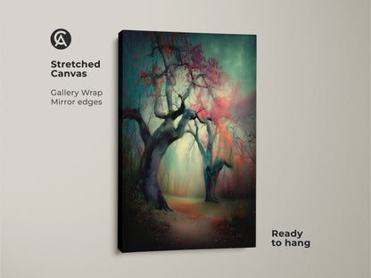 Stretched canvas art featuring a foggy forest path. The gallery wrap has mirror edges. This beautiful piece of artwork is ready to hang. It adds a touch of nature and serenity to your space.