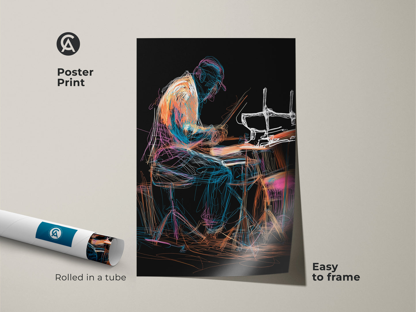 Poster print of abstract drummer art. The line art musician print comes rolled in a tube for easy framing. An orange blue teal artwork that brings a modern touch to any studio or office decor. Perfect as a music lover gift idea.