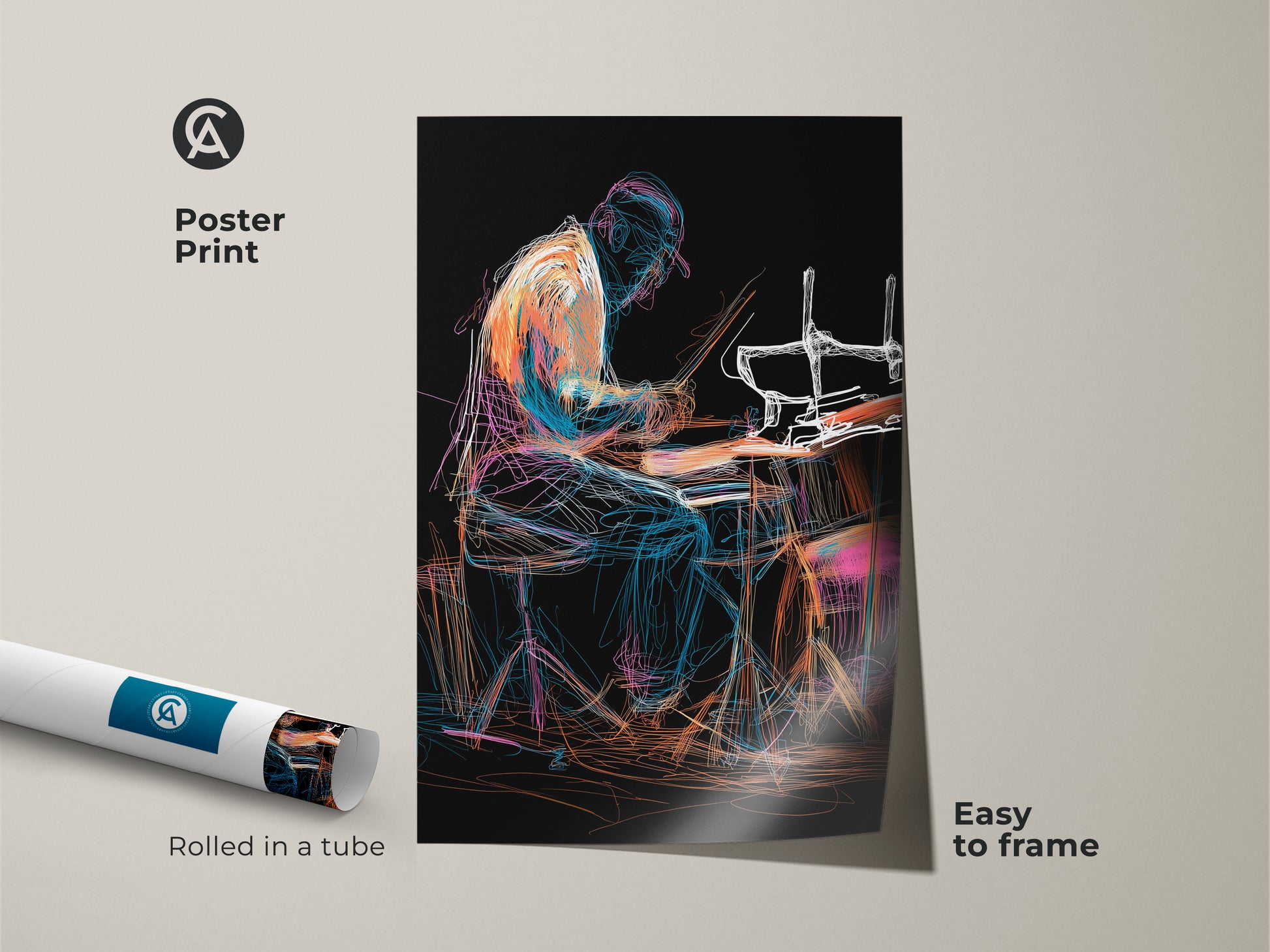 Poster print of abstract drummer art. The line art musician print comes rolled in a tube for easy framing. An orange blue teal artwork that brings a modern touch to any studio or office decor. Perfect as a music lover gift idea.