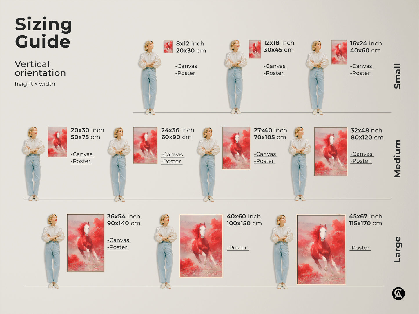 Sizing guide for vertical red horse artwork. Available in small medium and large sizes. Choose from canvas or poster prints. Find the perfect fit for your space. This fantasy animal art makes a statement.