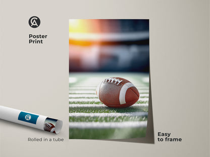 A poster print showcases a realistic football. It sits on a stadium field under stadium lights. This modern sports artwork is easy to frame. It's rolled in a tube for protection. Ideal for a man cave or an office football art.