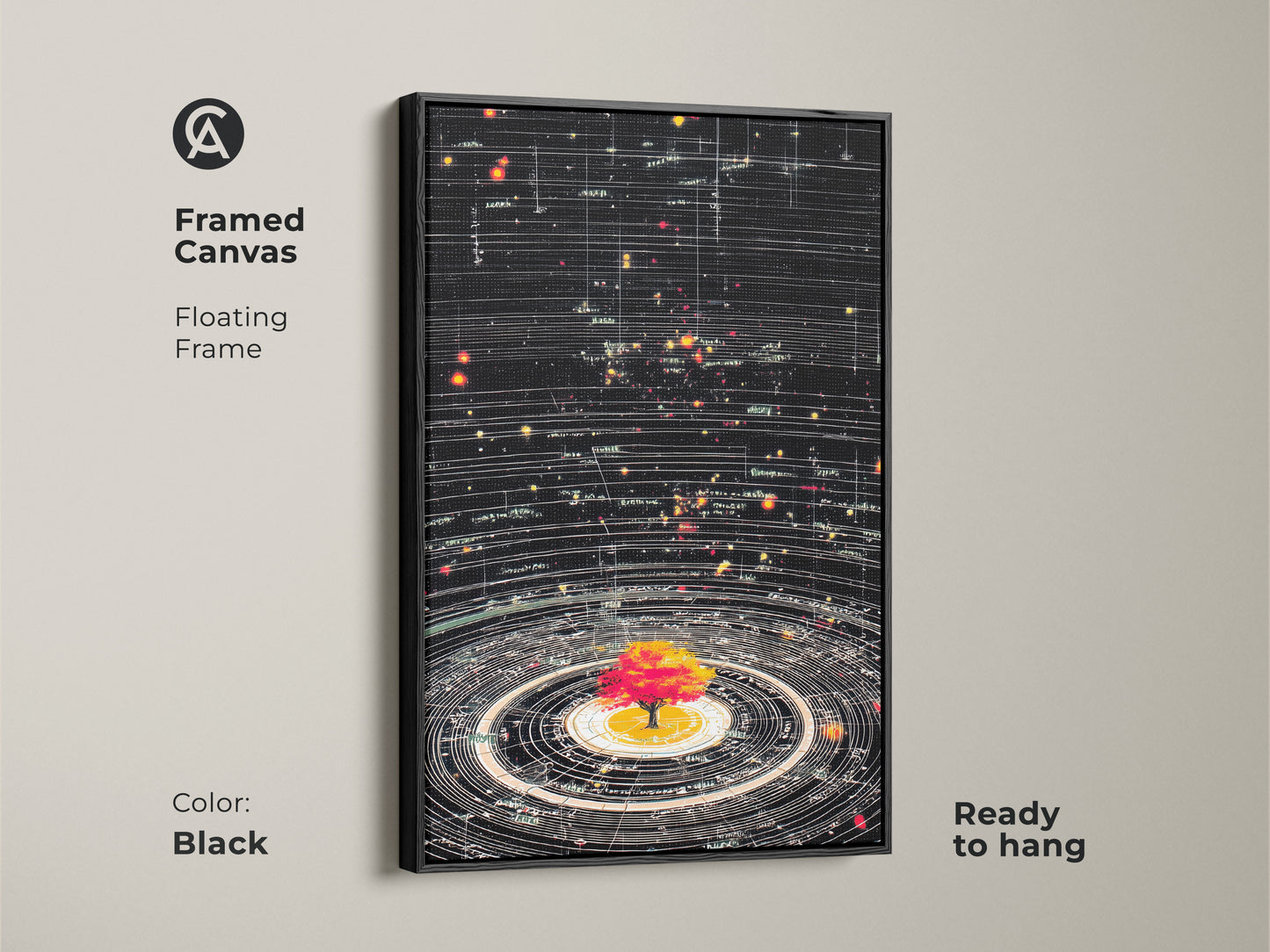 Black Framed Canvas featuring a Generative Abstract Cosmic Tree of Life. A ready-to-hang contemporary art print. This science theme wall decor is ideal for adding style to a study room or office. The orbit wall art brings a touch of astronomy to any space.