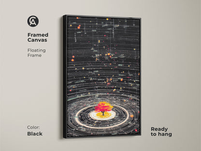 Black Framed Canvas featuring a Generative Abstract Cosmic Tree of Life. A ready-to-hang contemporary art print. This science theme wall decor is ideal for adding style to a study room or office. The orbit wall art brings a touch of astronomy to any space.