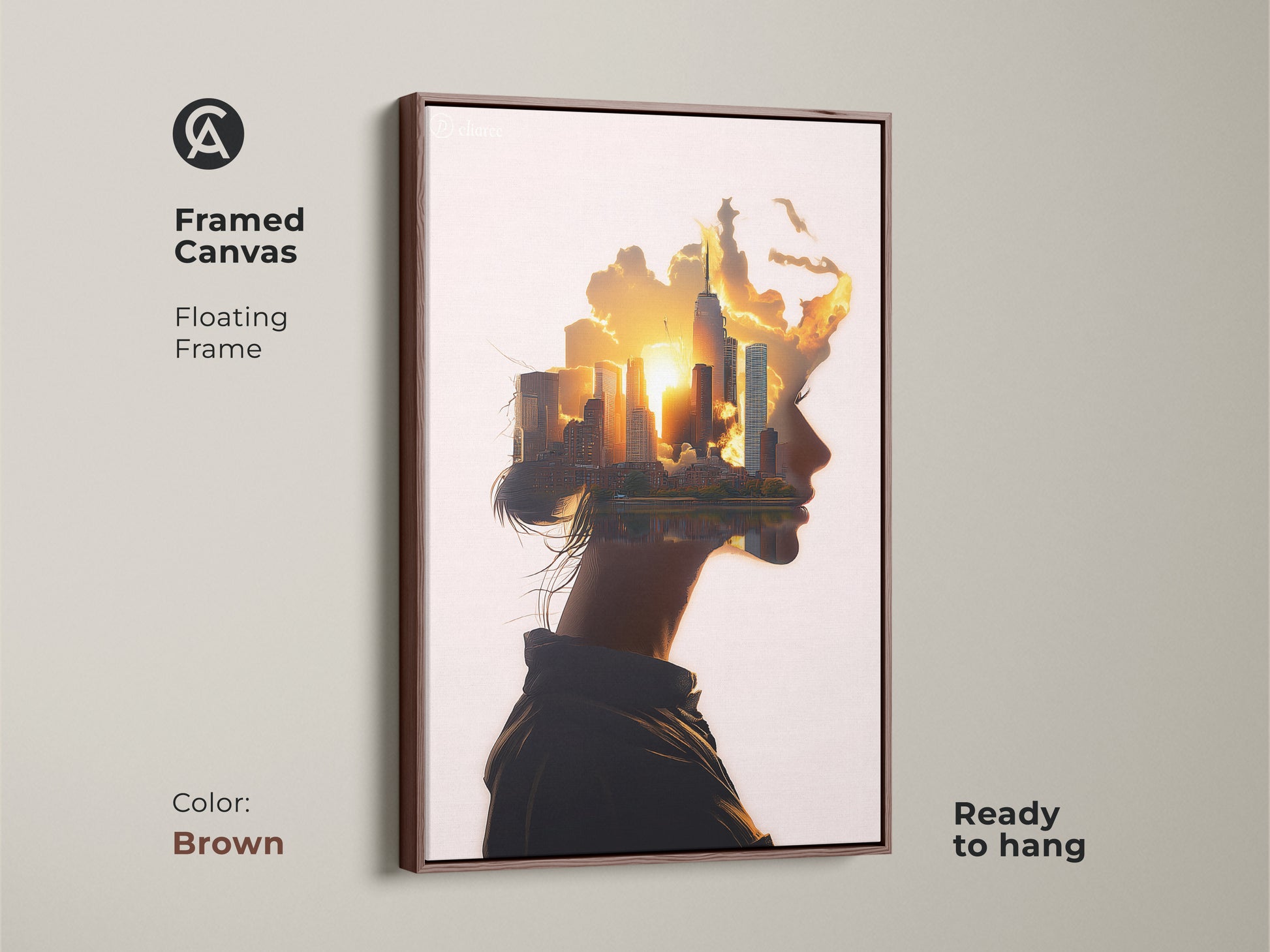 Google Drive virus scan warning for woman profile cityscape art. Abstract surreal wall art. Conceptual urban landscape canvas in orange yellow gold sunset. Contemporary art for modern bedroom wall decor or contemporary office art. Great housewarming gift.
