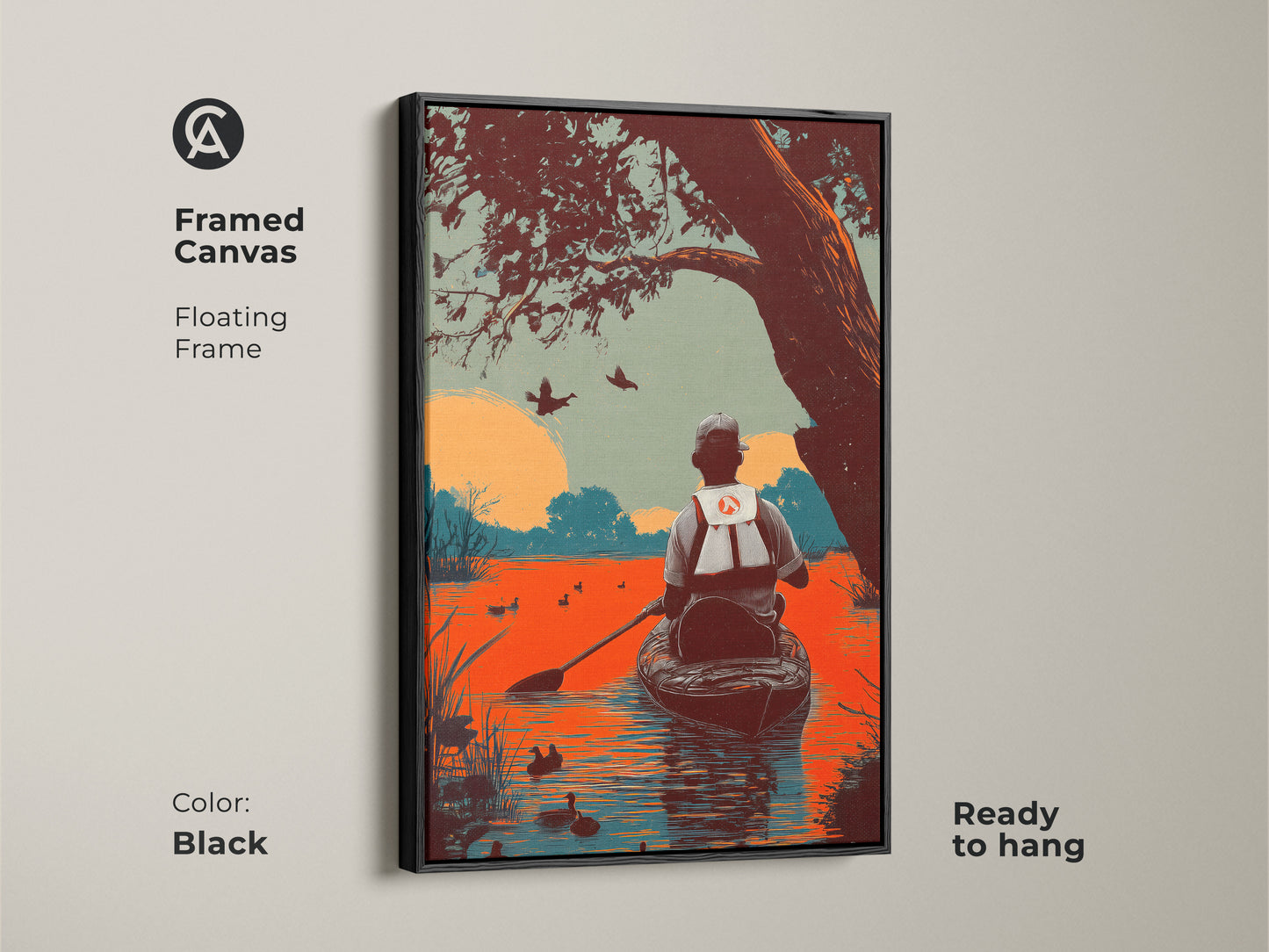 Framed canvas of a duck hunter in a canoe wall art. The floating frame is black for modern look. This rustic orange teal art print brings nature indoors. It is ready to hang and adds a touch of outdoor adventure to any room.