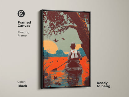 Framed canvas of a duck hunter in a canoe wall art. The floating frame is black for modern look. This rustic orange teal art print brings nature indoors. It is ready to hang and adds a touch of outdoor adventure to any room.