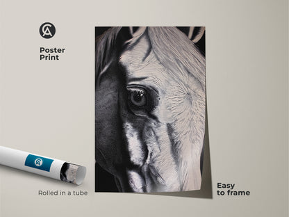 Poster print of a close-up horse eye art. The monochrome horse canvas arrives rolled in a tube. It's easy to frame this black and white horse art. This minimalist horse decor is perfect for any modern home or office. It is a unique gift.