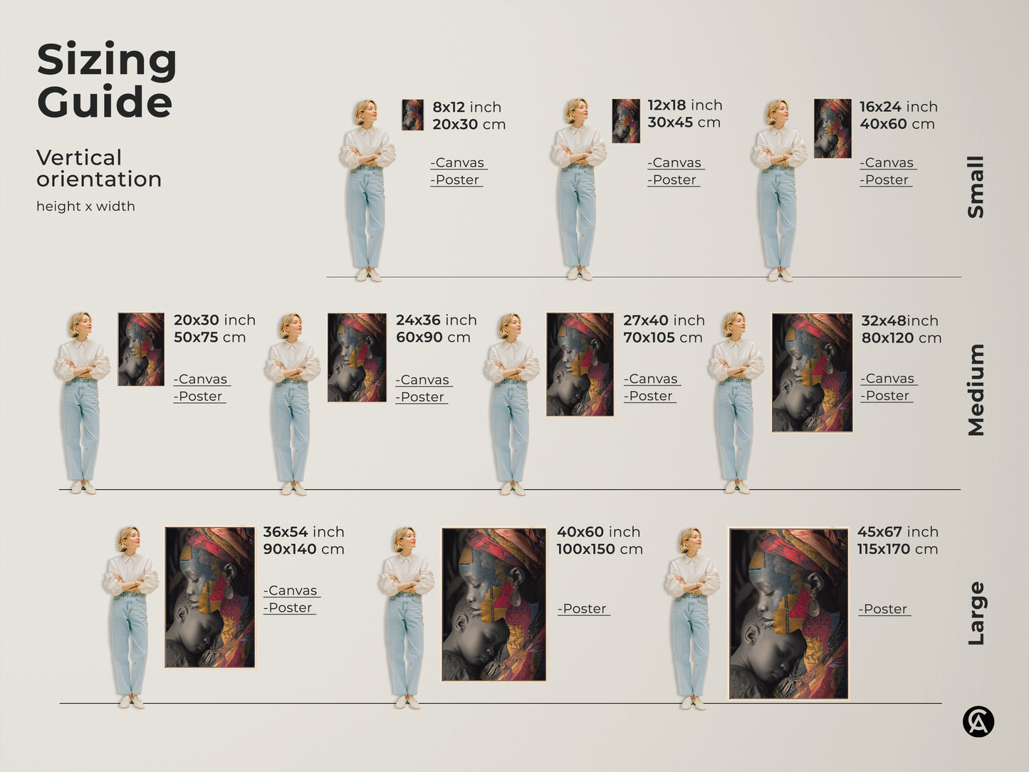 Sizing guide for the vertical African Mother and Child cultural collage art print. Available in canvas and poster options. Find the perfect size for your eclectic wall decor and bring a unique family portrait to your home.