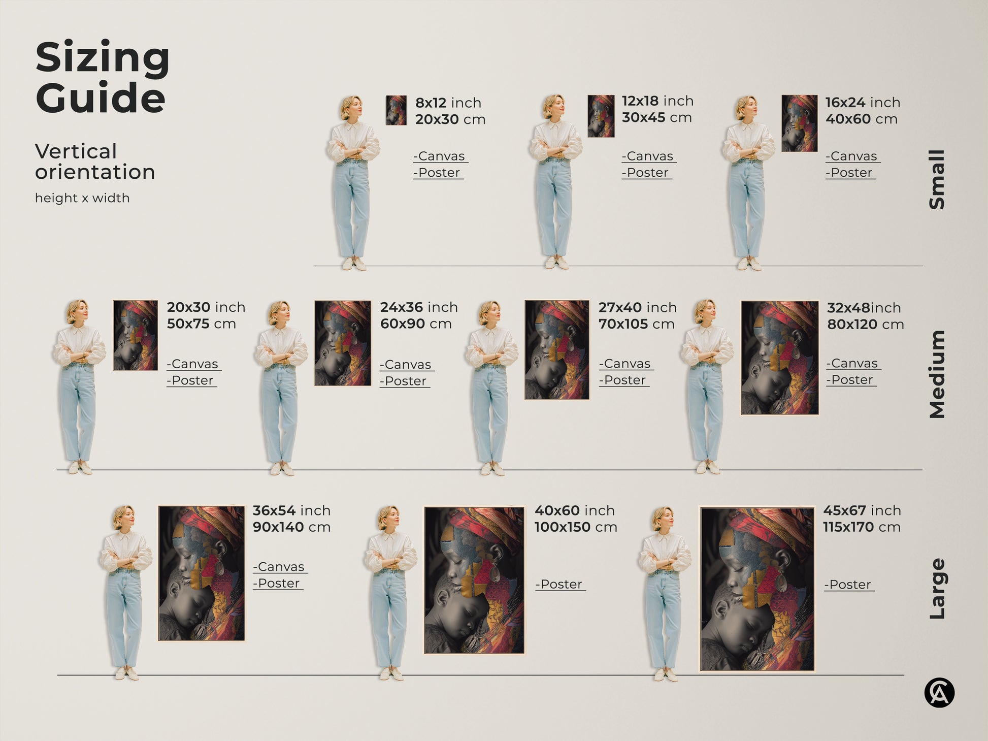 Sizing guide for the vertical African Mother and Child cultural collage art print. Available in canvas and poster options. Find the perfect size for your eclectic wall decor and bring a unique family portrait to your home.