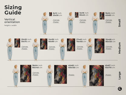 Sizing guide for the vertical African Mother and Child cultural collage art print. Available in canvas and poster options. Find the perfect size for your eclectic wall decor and bring a unique family portrait to your home.