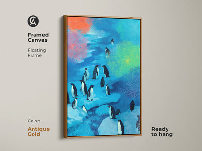 Framed Canvas with abstract penguins. Antique gold floating frame adds elegance. Ocean blue and teal wall art for home decor. Modern folk art for any room.