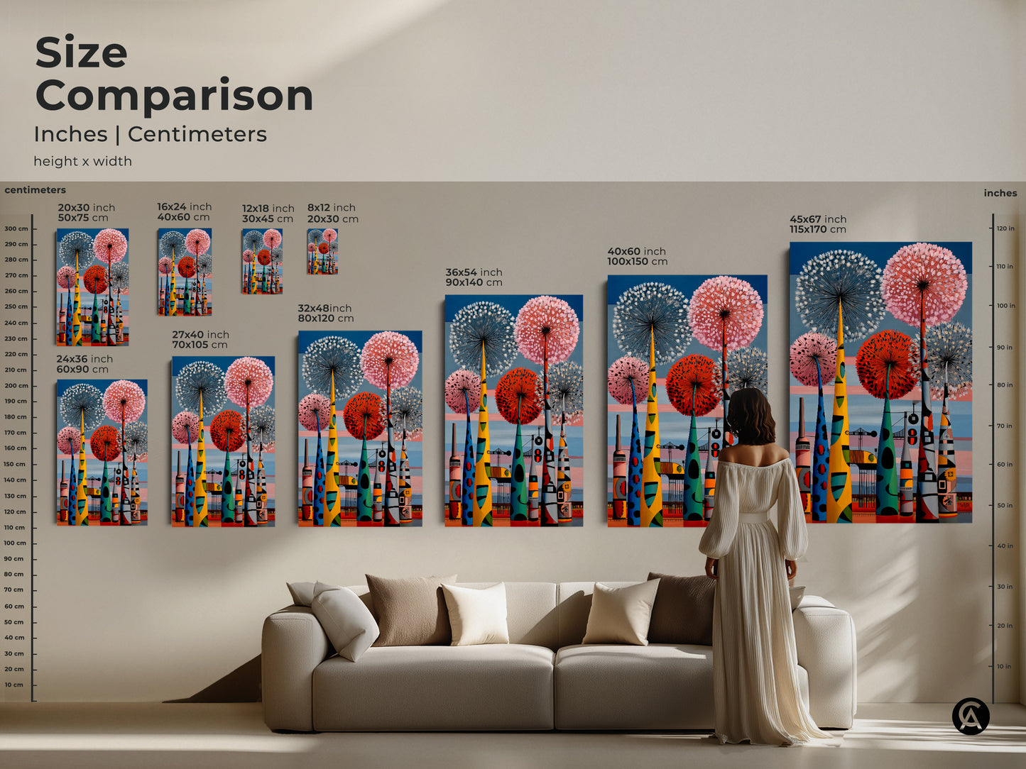 Size comparison for a mid-century modern art print in inches & centimeters. Retro botanical dandelion art meets an abstract industrial cityscape. This colorful wall art is perfect for a living room.