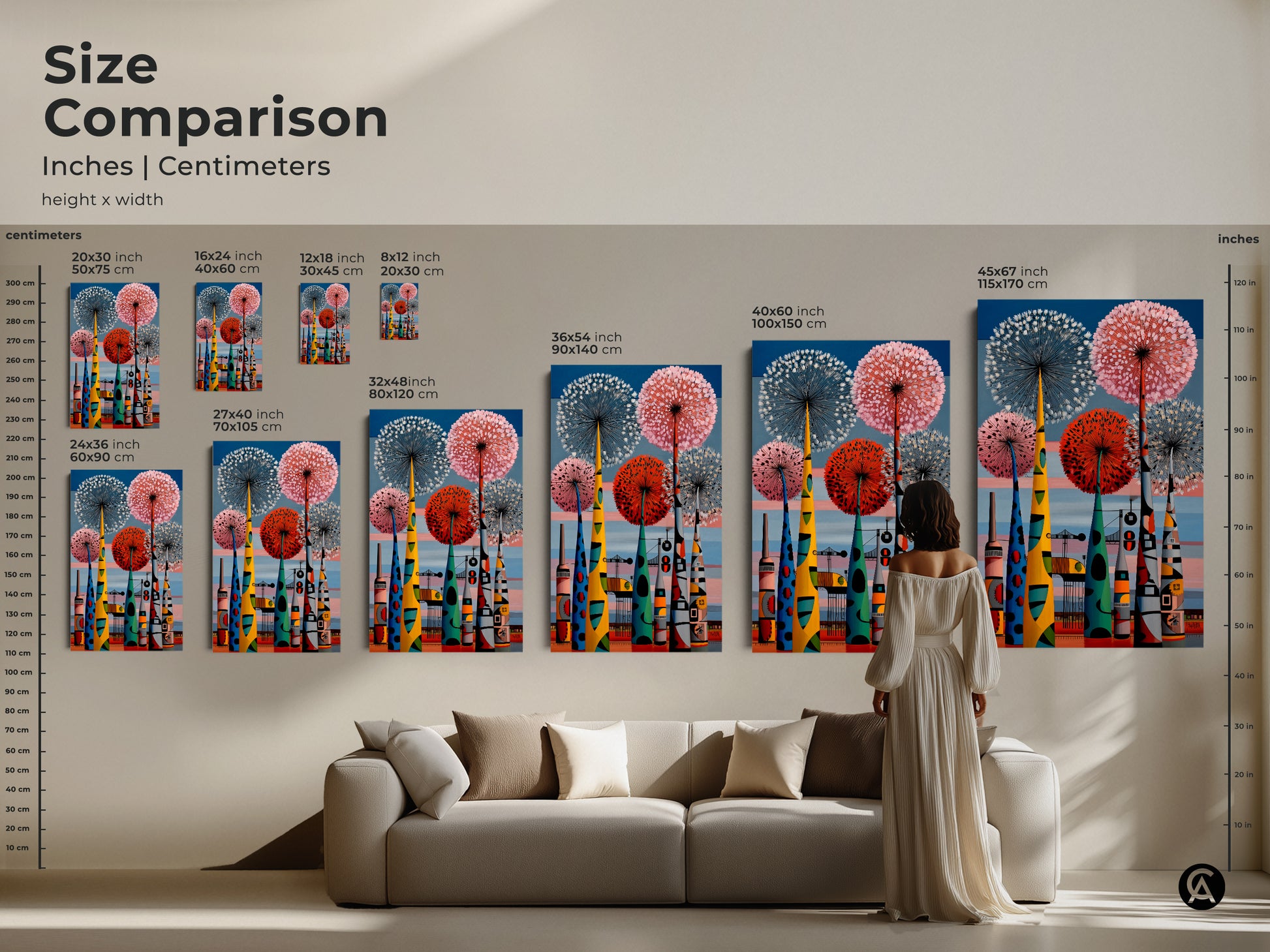 Size comparison for a mid-century modern art print in inches & centimeters. Retro botanical dandelion art meets an abstract industrial cityscape. This colorful wall art is perfect for a living room.