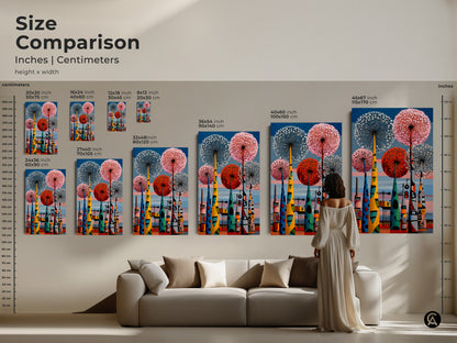 Size comparison for a mid-century modern art print in inches & centimeters. Retro botanical dandelion art meets an abstract industrial cityscape. This colorful wall art is perfect for a living room.